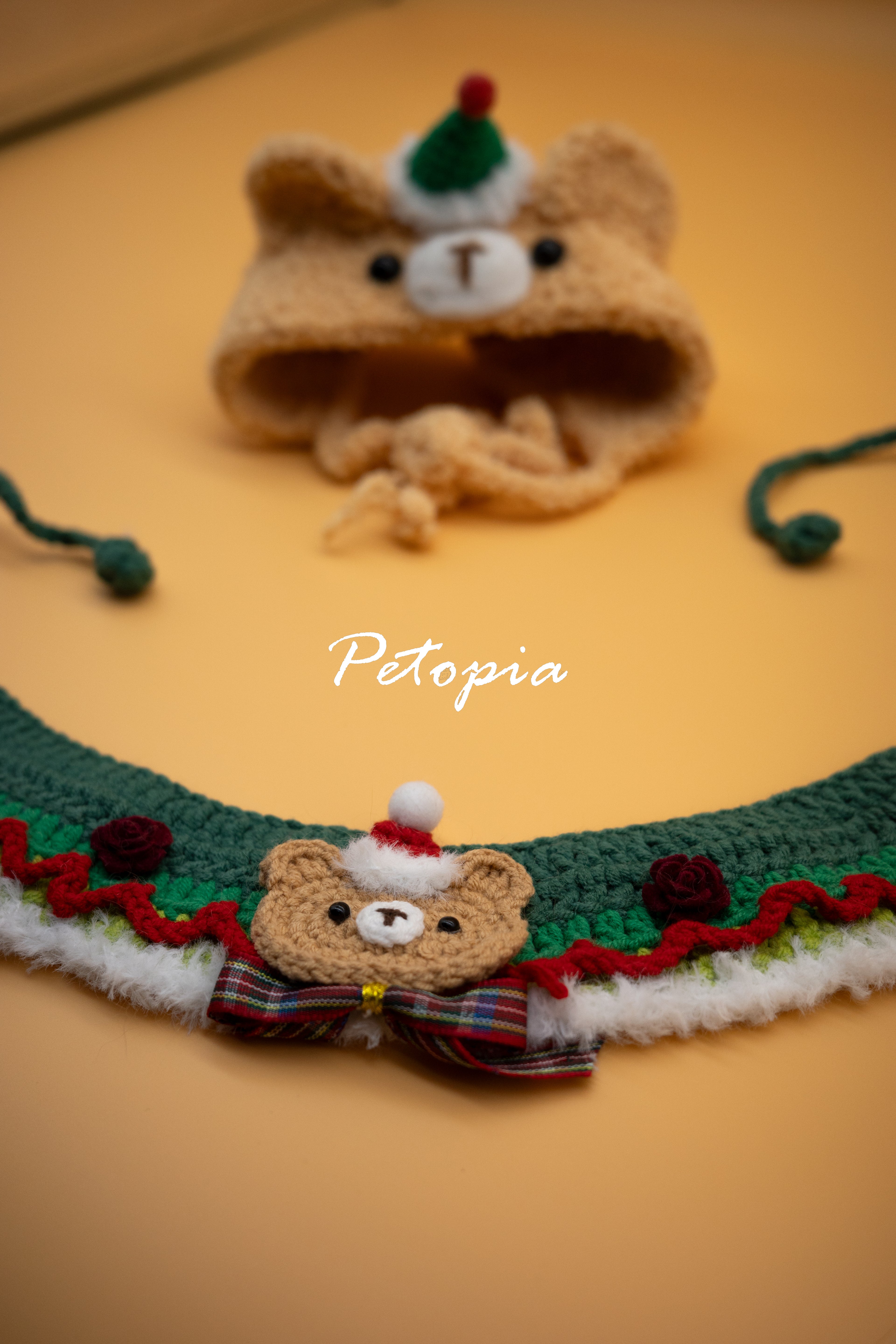 Bear Red-Green Plaid Bow Knit Bib