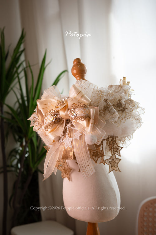 Champagne gold lace dog collar with big bow and star charms, luxury pet accessory 香檳金蕾絲星星寵物領巾